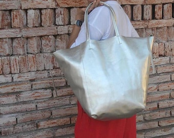 Genuine leather silver tote shopper big bag / everyday purse / handmade bags / designer bags / summer bag / gift for her