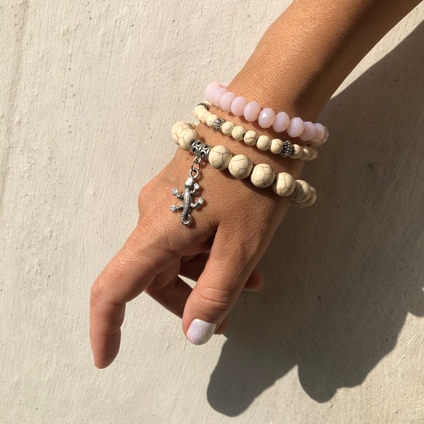 Set of Tree White Pink Bracelets | Crystal Bracelet | Howlith Bracelet | Totem Bracelet | Summer Set Bracelet Woman | Handmade Bracelet Set
