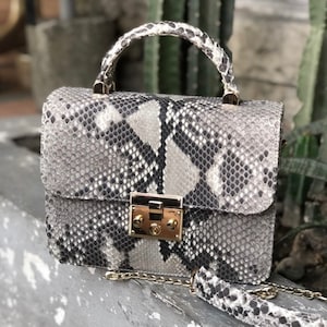 Pode incluir: Uma pequena bolsa de mão de pele de cobra cinza e preta com uma fechadura dourada e uma alça de corrente.