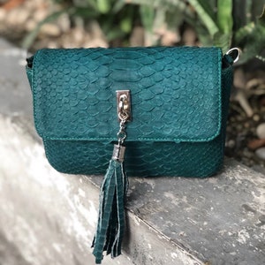 May include: A teal green snakeskin crossbody bag with a silver chain and tassel. The bag has a flap closure and a small, rectangular shape.