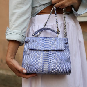 May include: A light blue snakeskin handbag with a silver chain strap. The bag has a flap closure and a top handle.