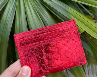 Porta carte di credito in vera pelle di pitone con lamina rossa / porta biglietti da visita / portafoglio piccolo / idea regalo porta carte in pelle di pitone esotico
