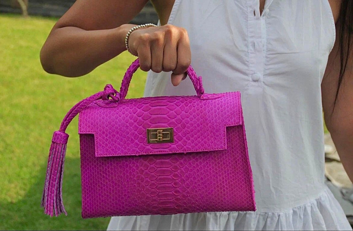 Top Handle Hot Pink Classy Genuine Python Skin Bag Exotic 