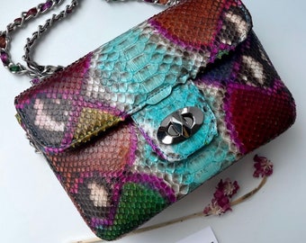 Genuine Python Skin crossbody bag blue multicolour | Adjustable Chain Classy Elegant Crossbody Small Lady Summer Bag | Python Purse