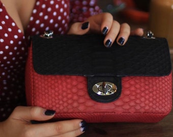 Genuine Python Skin black and red Crossbody Chain Bag | Bright Summer Bag | Elegant Women Bag | Chain Strap Crossbody Deep classy Purse |