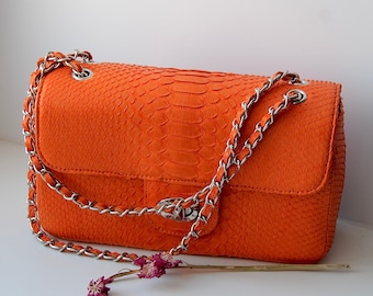 Orange Echte Python-Hauttasche | Exotische Ledersäckchen | Leder Frauen Kette Crossbody | Edle Sommer-Tasche | Handgefertigte Ledertaschen Geldbörsen