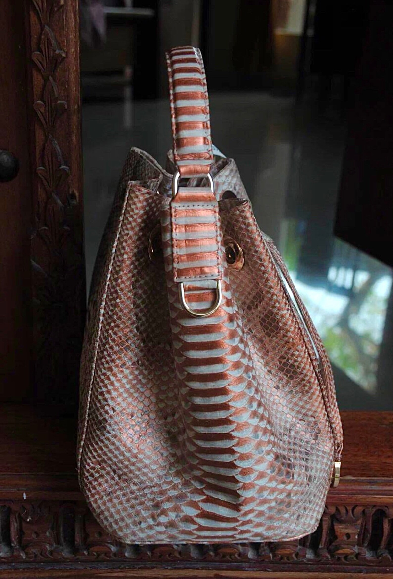 Genuine Python Skin Peachy Gold Bucket Crosshandle Bag Designer Women ...