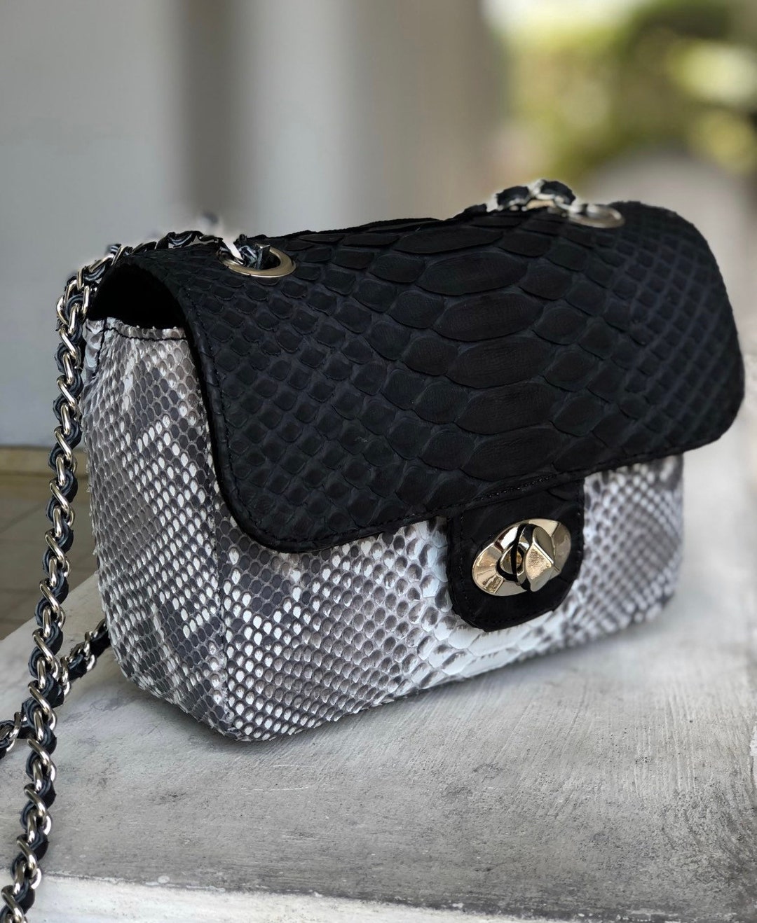 Python Color Bag Woman Genuine Python Skin Crossbody Colorblock Black and Gray Bag ...