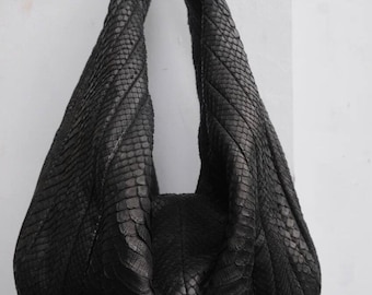 Big Soft Hobo Classy Sport Woman Stitched Bag | Purse Genuine Python Skin | Black Big Elegant Leather Designer Soft Bag Snake | reptile hobo
