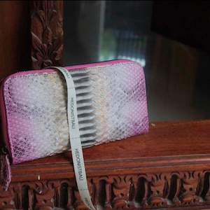 Cartera de piel de pitón auténtica rosa claro elegante multicolor, cartera de mujer cartera de hombre, cartera unisex de piel de pitón, cartera de diseño hecha a mano