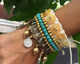 Boho Hippie Coachella Pearl Chinese Coin Bracelet | Macrame crochet tie bracelet | Bohemian Jewerly | shell bracelet bali crochet bohemian