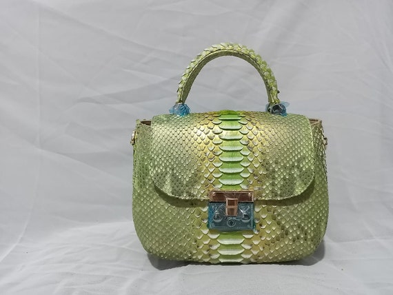 Genuine Python Top Handle Bag / Designer Bag / Exotic Leather Bag / Lime Multicolor Summer Bag / Snake Print Leather Designer Classy Purse