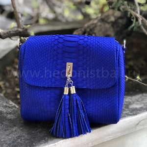 May include: A bright blue snakeskin crossbody bag with a tassel. The bag has a silver chain strap and a silver clasp.