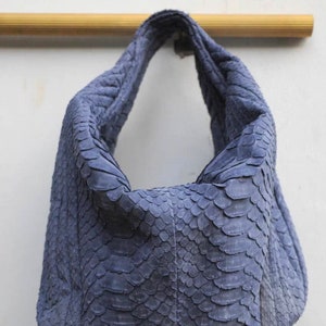 Medium Soft Hobo Classy Sport Woman Stitched Bag | Purse Genuine Python Skin | light blue Elegant Leather Designer Soft Bag Snake |