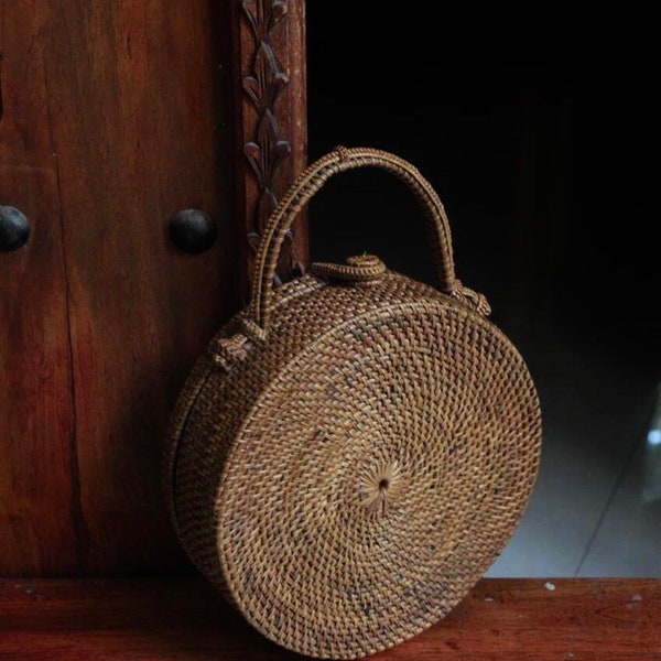 Rattan bag handle,genuine rattan blogger handmade straw round bag, round wooden bag rottang summer, boho rattan handle bag free shipping