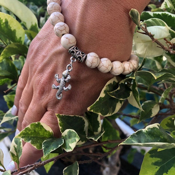 Gekkon White Beige Howlith Bracelet Women | Bali Gekko Bracelet | Handmade White Lizard Bracelet | Beads Jewerly | Handmade Jewerly Womene