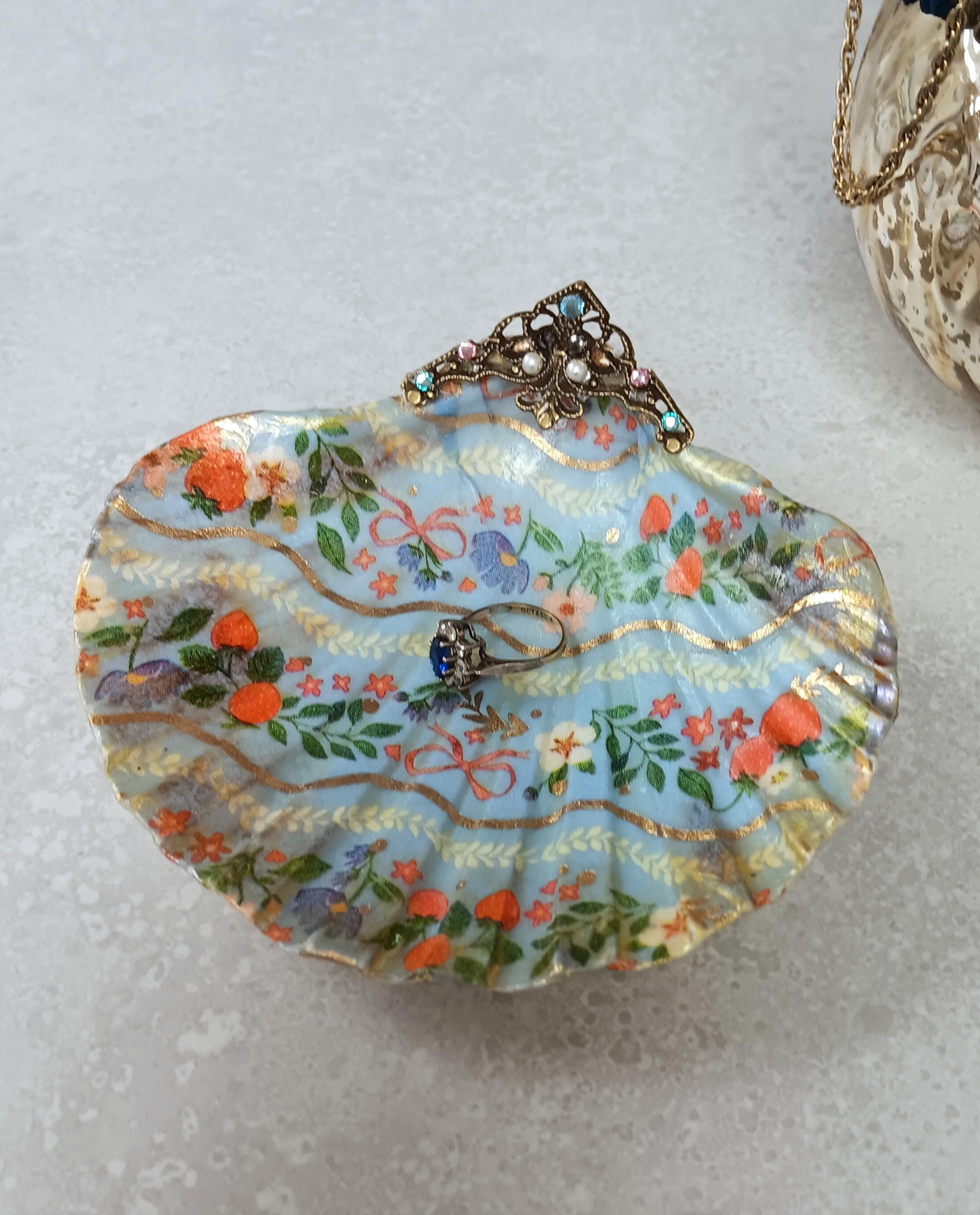 Decoupaged Seashell Ring Dish: Floral Trinket Dish With Gold Accents - Etsy