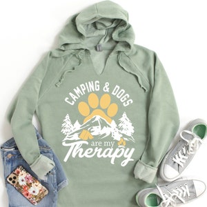 Camping and Dogs are my Therapy Women's Hoodie, Warm Adventure Dog Mama Outdoor Hiking Hooded Pullover Sweatshirt, Soft Camp Hike Hoodie