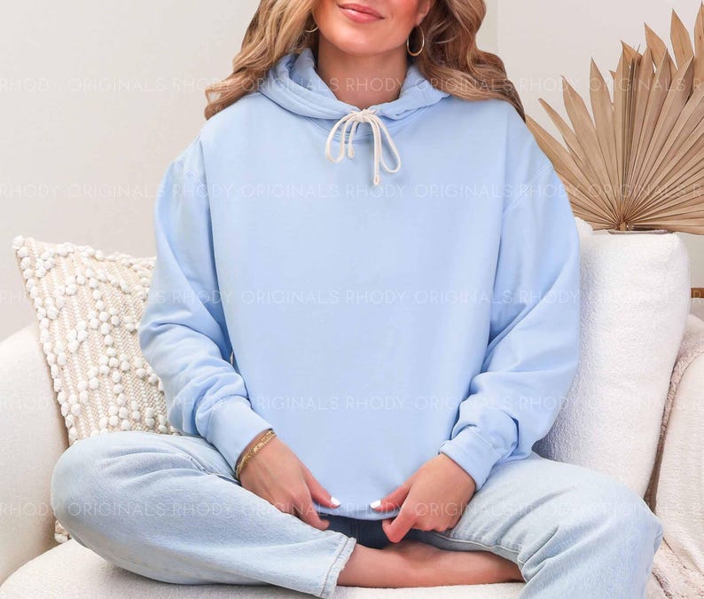 May include: A light blue hoodie with a drawstring, paired with light blue jeans. The hoodie has a kangaroo pocket and a relaxed fit. The model is wearing a gold bracelet and hoop earrings. The background includes a white couch and a dried palm leaf.