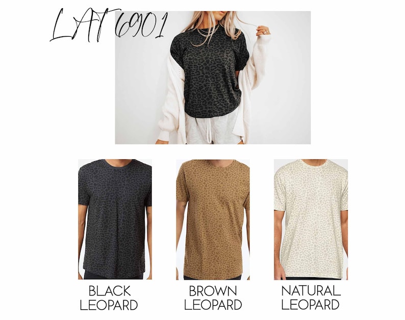 K&ouml;nnte beinhalten: Drei T-Shirts mit Leopardenmuster in Schwarz, Braun und Naturfarben. Das Bild zeigt eine Person, die ein schwarzes Leopardenmuster-Shirt tr&auml;gt, sowie die W&ouml;rter "BLACK LEOPARD", "BROWN LEOPARD" und "NATURAL LEOPARD". Der Text "LAT 6901" ist ebenfalls sichtbar.
