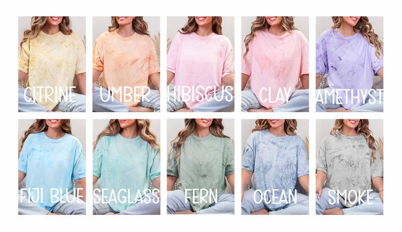 May include: Ten different tie-dye shirts in various colours, including citrine, umber, hibiscus, clay, amethyst, Fiji blue, seaglass, fern, ocean, and smoke.