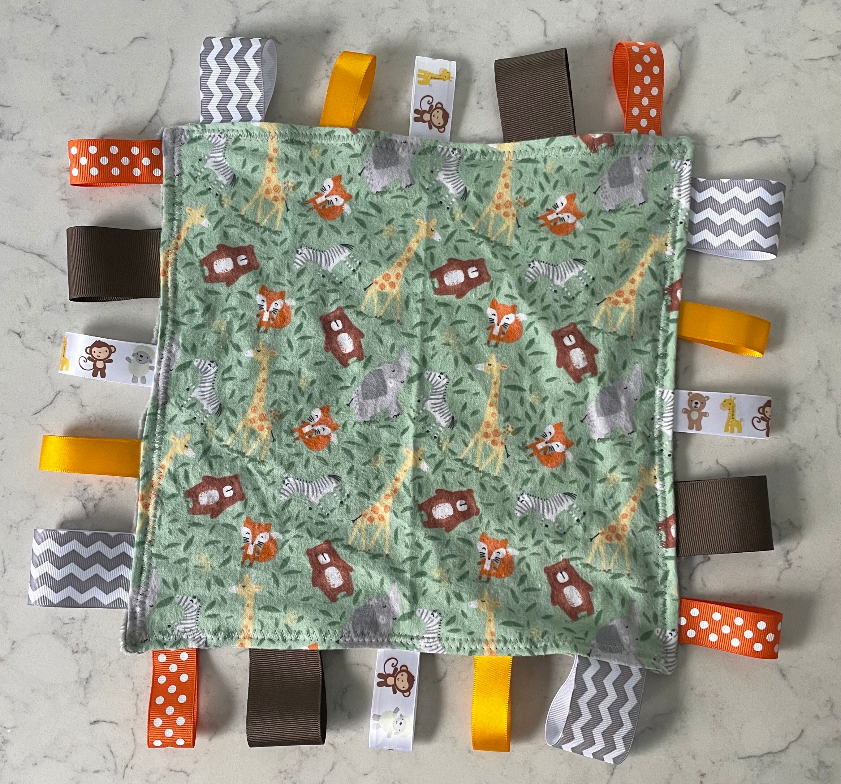 Gender Neutral Safari Ribbon Tag Blanket, Grey Minky Fleece, Lovey, Comfort, Baby Shower Gift