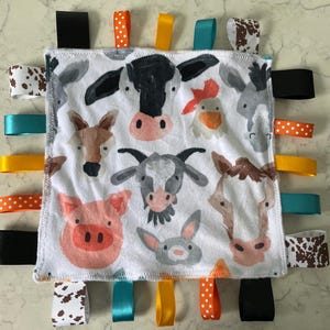 Gender Neutral Farm Animals Ribbon Tag Blanket, Cloud Grey Minky Fleece, Lovey, Baby Shower Gift