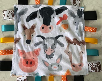 Gender Neutral Farm Animals Ribbon Tag Blanket, Cloud Grey Minky Fleece, Lovey, Baby Shower Gift