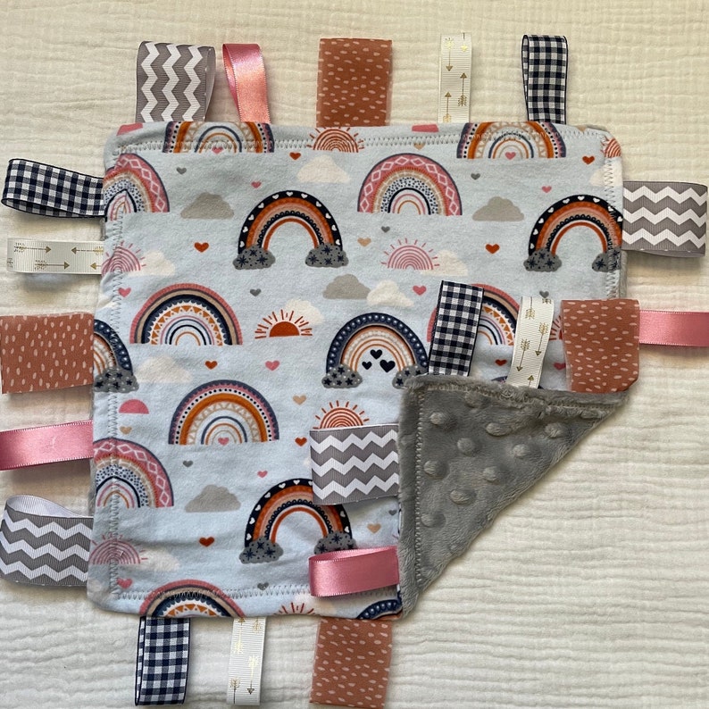 Girls Boho Rainbow Ribbon Tag Blanket, Grey Minky Fleece, Lovey
