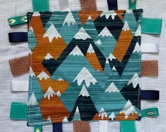 Boy’s Mountains Ribbon Tag Blanket, Aqua Minky Fleece, Lovey, Comfort, Baby Shower Gift