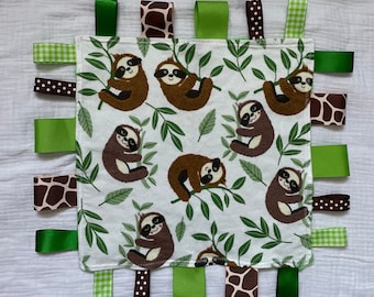 Boy’s Sloth Ribbon Tag Blanket, Green Minky Fleece, Lovey, Comfort, Baby Shower Gift
