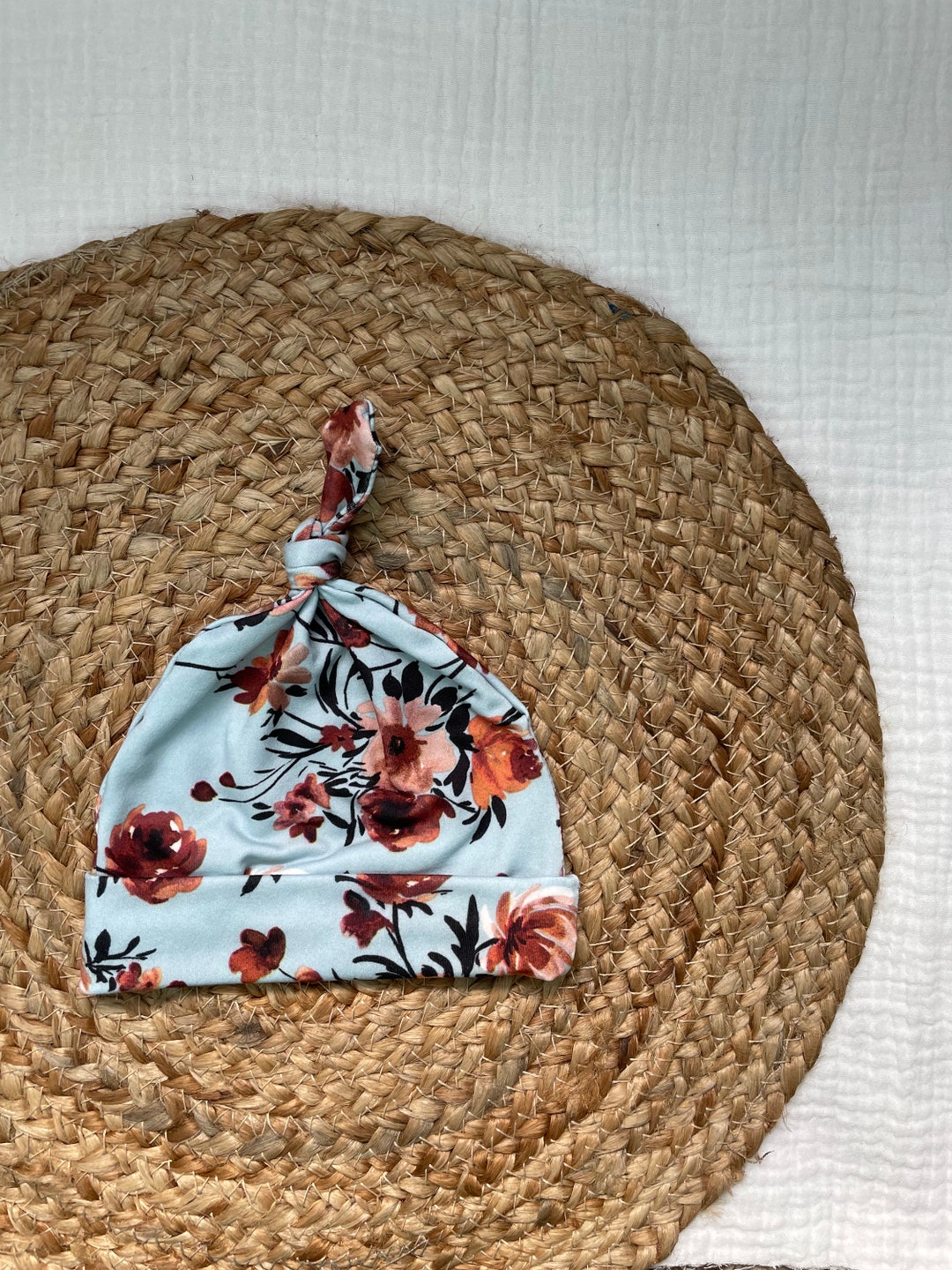 Light Blue Floral Knit Baby Hat Topknot Girls Baby Shower Etsy