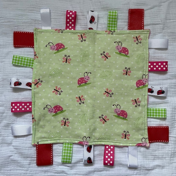 Girl’s Ladybug and Flowers Green Ribbon Tag Blanket, Pink Minky Fleece, Lovey, Comfort, Baby Shower Gift