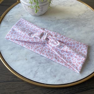 Blush Pink and White Leopard Print Turban Twist Headband, Women’s, Nurses, Boho Stretch Knit Headband