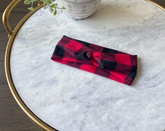Baby Red and Black Buffalo Plaid Turban Twist Headband, Baby Girls, Matching Mommy and Me Headbands, Boho Stretch Knit Headband