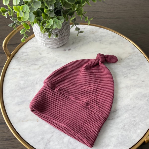 Burgundy Rib Knit Baby Hat, Top-Knot, Gender Neutral, Baby Shower Gift