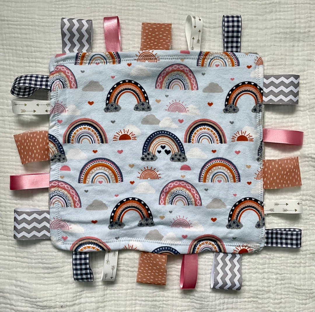 Girls Boho Rainbow Ribbon Tag Blanket, Grey Minky Fleece, Lovey