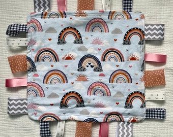 Girl’s Boho Rainbow Ribbon Tag Blanket, Grey Minky Fleece, Lovey, Comfort, Baby Shower Gift