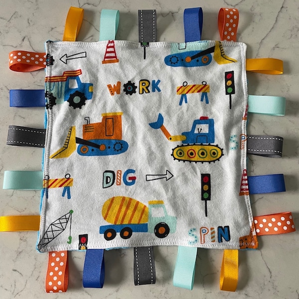 Boy’s Construction Ribbon Tag Blanket, Cerulean Blue Minky Fleece, Lovey, Comfort, Baby Shower Gift