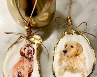 Golden Decoupage Oyster Ornament - Dogs CUSTOM AVAILABLE, CUSTOM