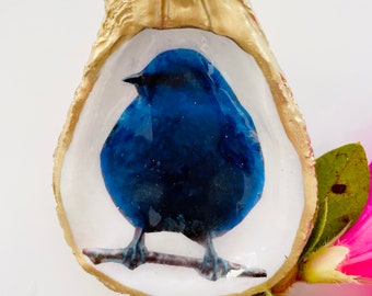 Golden Decoupage Oyster Blue Bird/Pink-breasted Bird - Dish or Ornament