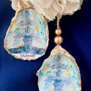 Decoupage Golden Oyster Shell - Savannah, Forsyth Park Fountain Ring Dish or Ornament
