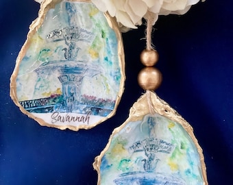 Decoupage Golden Oyster Shell - Savannah, Forsyth Park Fountain Ring Dish or Ornament