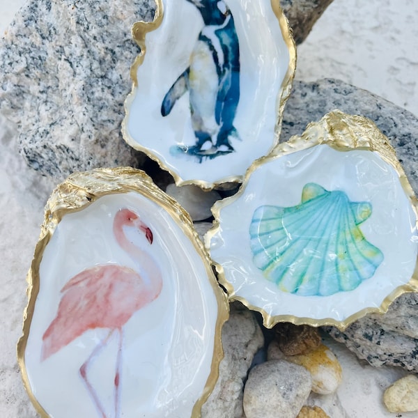 Golden Decoupage Oyster Shell Ring Dish or Ornament - Penguin, Flamingo, or Turquoise Shell