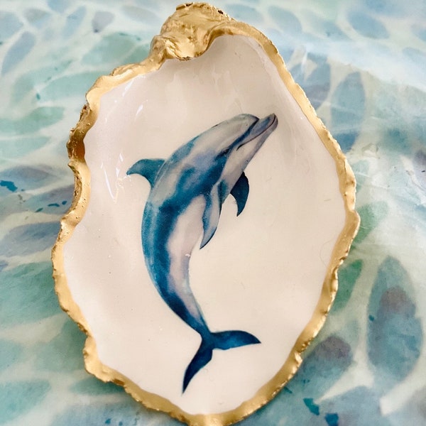 Decoupage Golden Oyster Shell Ring Dish or Ornament - Dolphin