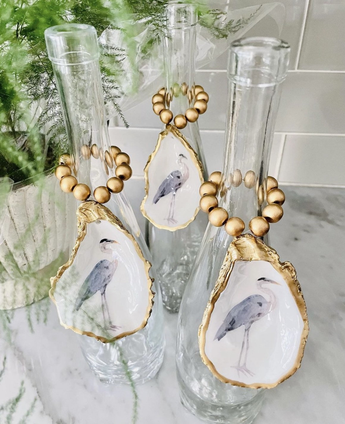 Golden Decoupage Oyster Decor or Ornament - Heron