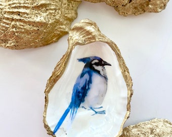 Golden Decoupage Oyster  Ring Dish or Ornament - Blue Jay
