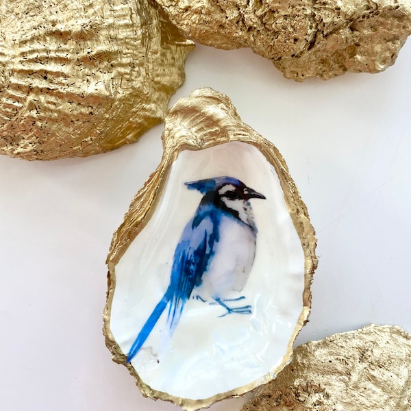 Golden Decoupage Oyster  Ring Dish or Ornament - Blue Jay