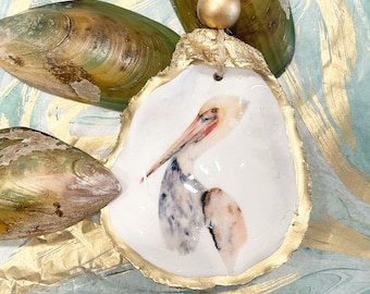 Golden Decoupage Oyster Ornament or Ring Dish - Pelican
