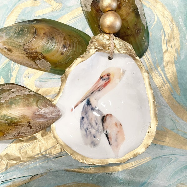 Golden Decoupage Oyster Ornament or Ring Dish - Pelican